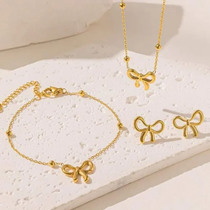 Bow Charm 3 Pieces Stainless Steel Combo Set - Water Proof & 18K Gold Plated