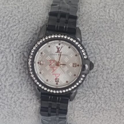 Stylish Stone Studded Round Dial Black Ladies Watch