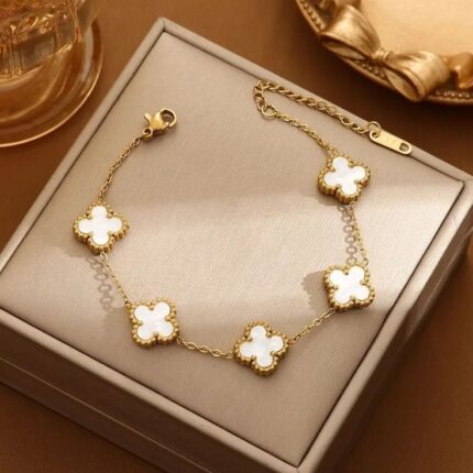 Classic White Clover Double Sided Stainless Steel Bracelet