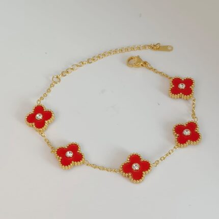 Red Stainless Steel Clover Studded Bracelet