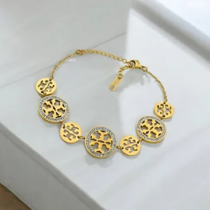 Gold Plated Crystal Studded Tory Charm Braclet | Stainless Steel
