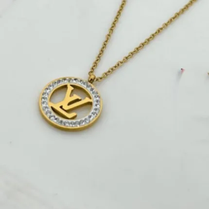 Stone Studded Golden Chain LV Neckless | Stainless Steel